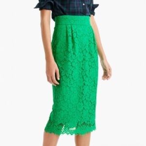J. Crew Green Pintucked Lace Midi Pencil Skirt